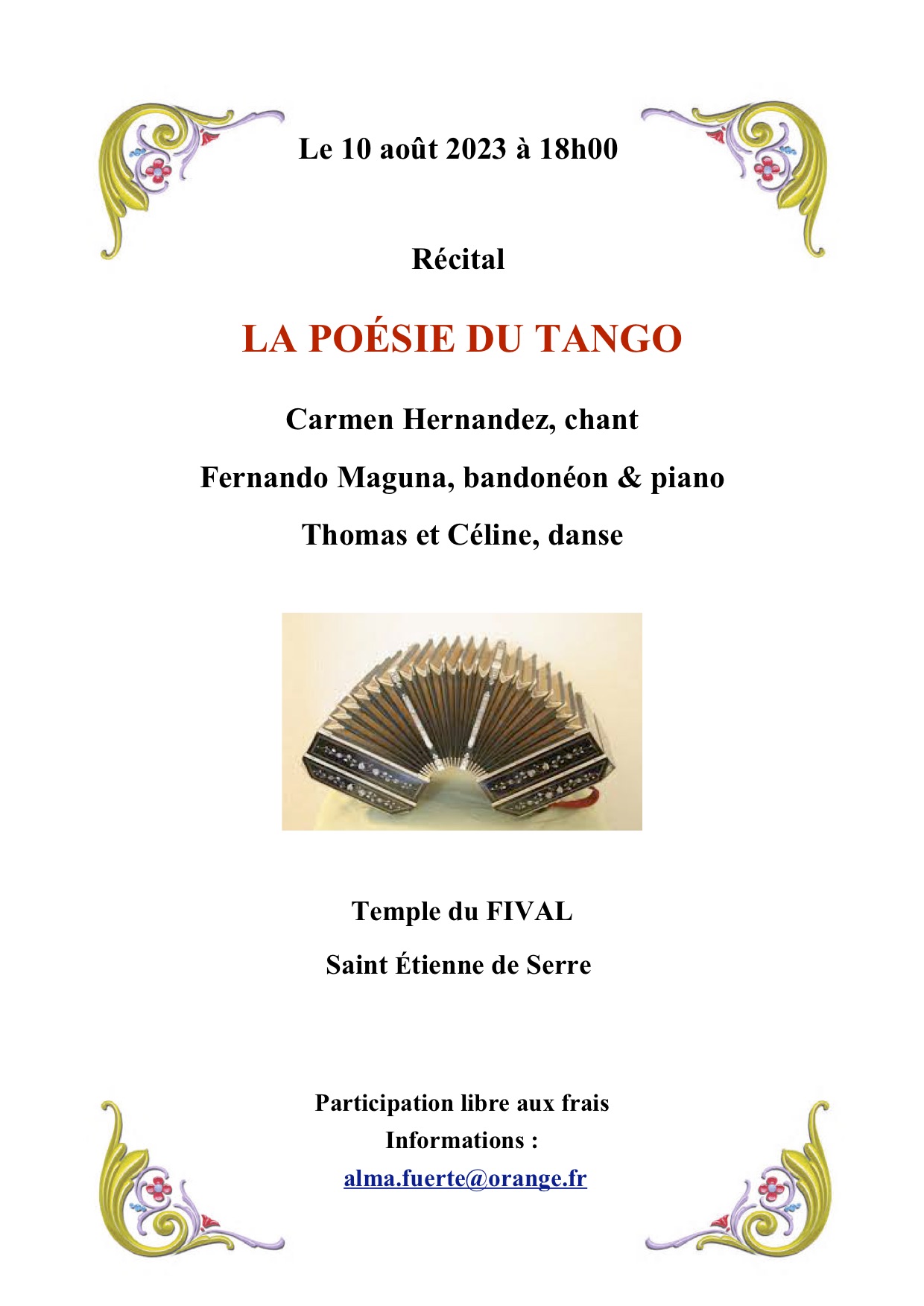 10 août : Récital de Tango à St-Étienne-de-Serre (Ardèche)